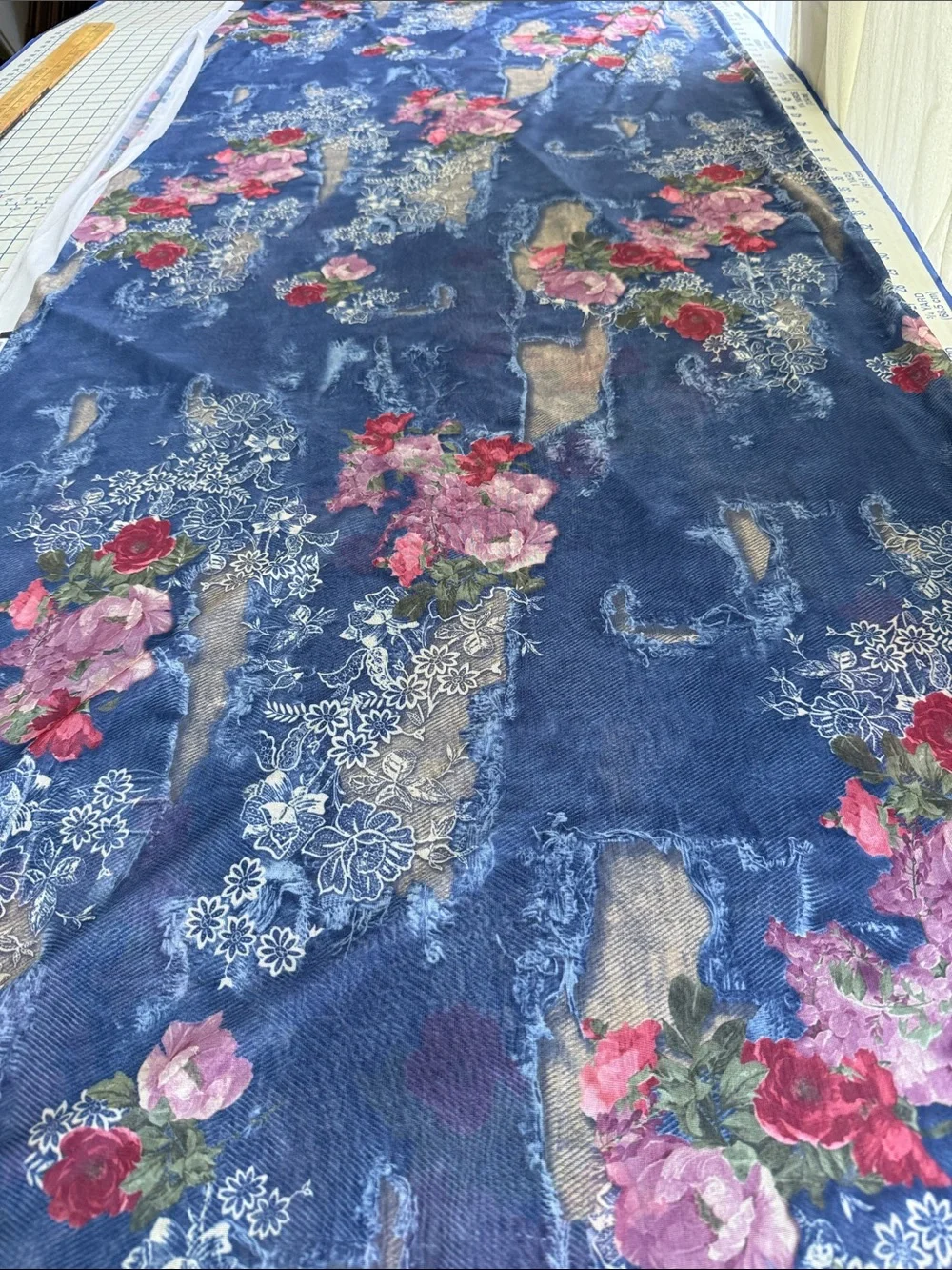 Y2K Denim Rose Lace Print Stretch Mesh Fabric 4 Yards 54” Semi Sheer